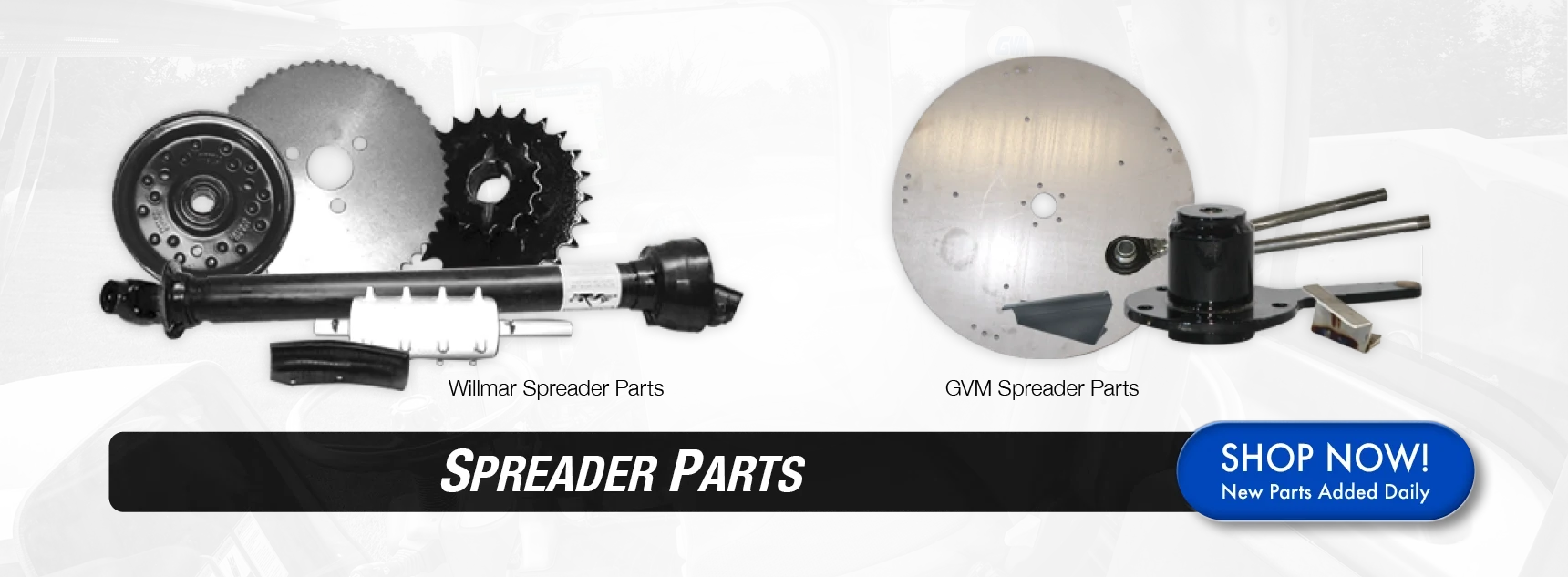 GVM and Willmar spreader parts and accessories: Belts, Chains, Spinner blades, spread pattern test kits, Chains